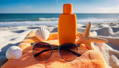 beach essentials on a towel with seashells sunglasses and sunscreen perfect for a sunny day by the ocean