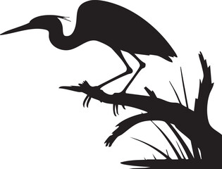 Silhouette Of A Great Blue Heron On A Branch Vector Illustration Design Calm Wildlife Symbol Isolated Background Black And White Bird Nature Minimalist