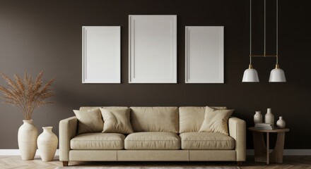 Modern Living Room Mockup: Beige sofa, three empty frames, and elegant vases create a calm and sophisticated atmosphere in a modern living room with a dark brown wall. 