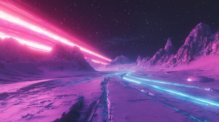 Fototapeta premium Colorful alien planet landscape at night