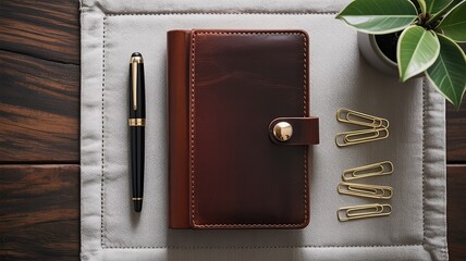Elegant brown leather journal with a black and gold pen and gold paper clips on a textured surface