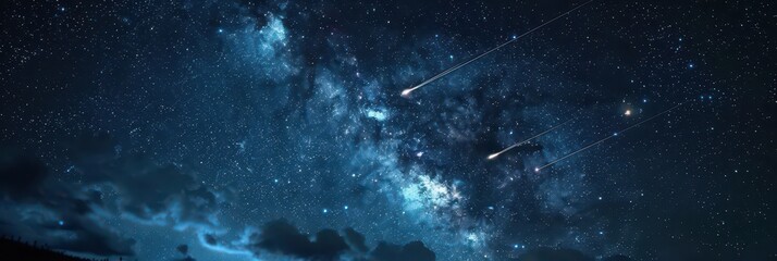 Obraz premium Spectacular perseids meteor shower illuminating the night sky with shooting stars. Comet Swift-Tuttle. World Astronomy Day. Horizontal banner. Free space for text.