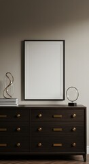 Interior Decor Showcase: A minimalist interior setting presents an elegant wooden dresser, adorned with tasteful decor, centered beneath a sleek, framed blank canvas.