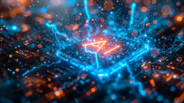 AI chip glows with blue energy and power, futuristic processor of artificial intelligence radiates light and lightning. Concept of computer technology, circuit board, cpu, data