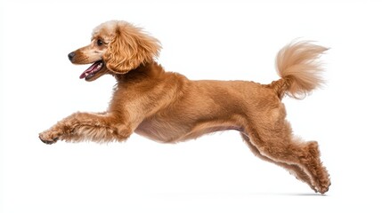 Playful Dog in Mid-Run Showcasing Joy and Energy on White Background