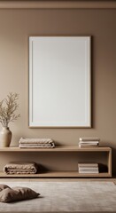 Minimalist Serenity: A modern interior exudes calm with a blank frame, hinting at personalized art, complemented by soft textures of a vase and linen. A perfect scene for tranquil design
