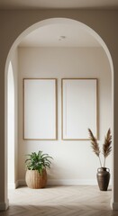 Interior Serenity: An archway frames a tranquil scene, with two blank picture frames ready to display art, complemented by potted plant and decorative grass