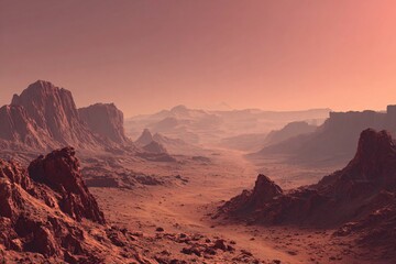 Naklejka premium Vast Martian Desert Landscape with Red Mountains and Rocky Terrain