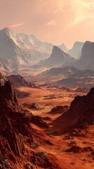 Fototapeta premium Vertical Sci-Fi Martian Landscape with Rugged Red Canyons and Mountains