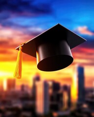 Black Graduation Cap Floating Against a Vibrant Sunset Skyline