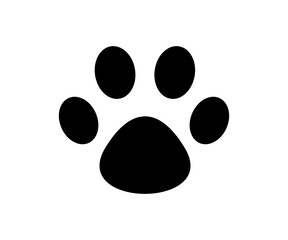 Modern silhouette logo featuring a cat paw icon print. Paw print sign symbol flat vector design and illustration. 
