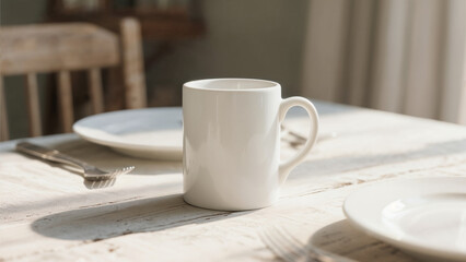 Obraz premium Minimalist white mug and plate on a weathered table bathed in sunlight during breakfast time