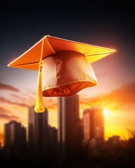 Graduation Cap Against Urban Sunset Background in Vibrant Colors