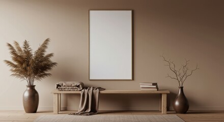 Minimalist Interior: A contemporary, serene space featuring a blank canvas art piece, complemented by natural elements and soft, earthy tones that create a tranquil and inviting atmosphere.