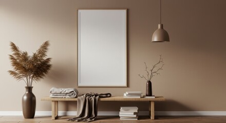 Interior Decoration with a Canvas: A serene living space is enhanced with minimalist furniture and a blank canvas, with dry plants and stylish pendant lights.