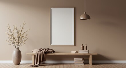 Interior design frame: Interior design mockup of a cozy, light-filled living space, featuring a blank frame, neutral tones, and minimalist decor to inspire relaxation and creativity. 