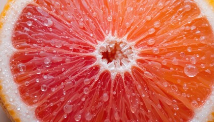 Close up macro view of a juicy grapefruit slice with water droplets