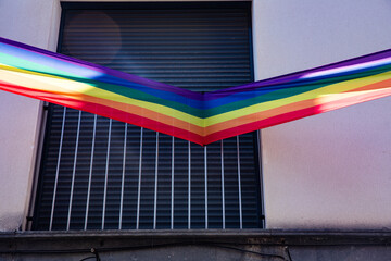 The city is preparing for pride. Celebration of the LGBT community in Sitges, Spain, large rainbow...