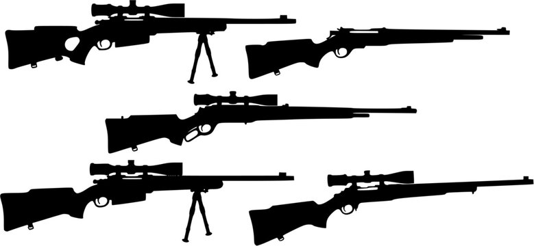 Set of four long gun silhouettes, including a sniper rifle with bipod and hunting rifles.
