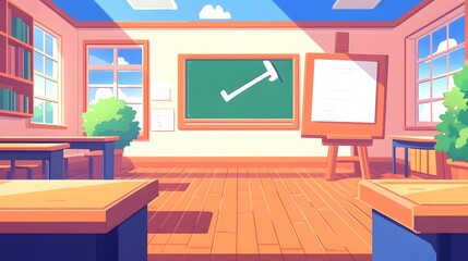 Cartoon classroom illustration with desks blackboard easel bookshelf and window view.