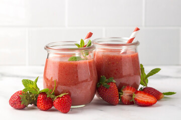 Strawberry smoothie or milkshake drink.