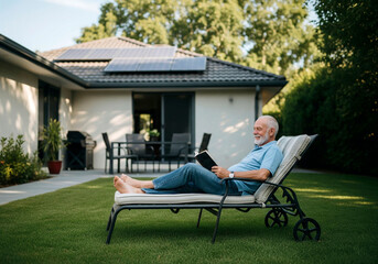 Senior Man Reading Book in Eco-Friendly Garden with Solar Panels - Care for Ecology, Green Energy