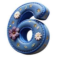3d blue denim number 6 with floral embellishments isolated on transparent background