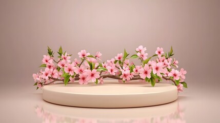 Fototapeta premium Pink Blossom Branch on Elegant Beige Podium Spring Floral Display