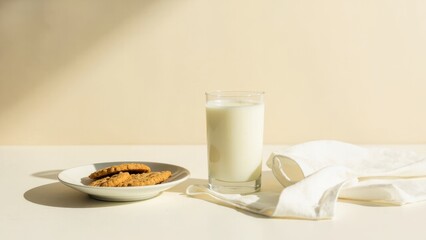 A glass of milk sits beside a plate of three cookies on a light-colored surface. A white cloth napkin is draped nearby. Soft natural light creates a cozy and inviting atmosphere.