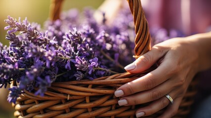 A wicker basket filled with freshly picked lavender flowers sits under natural sunlight. A pair of hands arranges the stems, highlighting the vibrant purple color and the rustic texture of the basket.