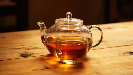 A glass teapot and a matching glass cup hold a dark amber liquid, likely tea, on a wooden surface. Sunlight casts soft reflections, creating a warm and inviting atmosphere.