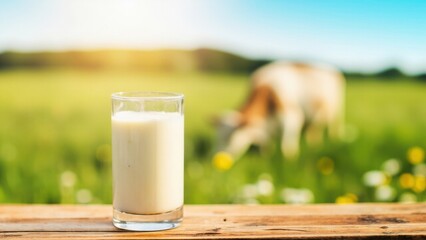 A clear glass filled with fresh milk sits on a wooden surface. In the background, a cow grazes in a green field dotted with yellow flowers, bathed in bright sunlight. 