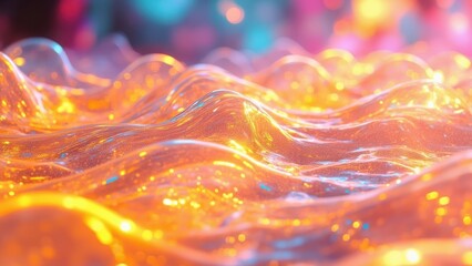 An abstract scene with glossy, fluid-like waves in warm tones of orange and yellow, accented by hints of purple and blue. The undulating texture creates a mesmerizing and dynamic visual effect.
