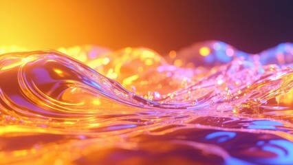 An abstract scene with glossy, fluid-like waves in warm tones of orange and yellow, accented by hints of purple and blue. The undulating texture creates a mesmerizing and dynamic visual effect.