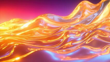 An abstract scene with glossy, fluid-like waves in warm tones of orange and yellow, accented by hints of purple and blue. The undulating texture creates a mesmerizing and dynamic visual effect.