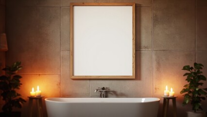 A modern bathroom features a sleek white bathtub against a gray tiled wall. Two lit candles and green potted plants on either side create a serene and tranquil atmosphere.