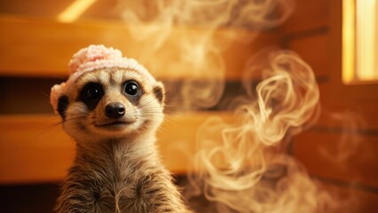 A meerkat sits inside a wooden sauna, wearing a fluffy white hat. Steam rises around it, illuminated by sunlight streaming through a window, creating a humorous and cozy atmosphere.