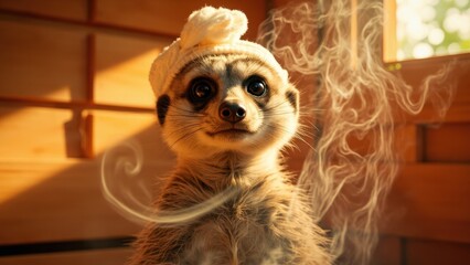 A meerkat sits inside a wooden sauna, wearing a fluffy white hat. Steam rises around it, illuminated by sunlight streaming through a window, creating a humorous and cozy atmosphere.