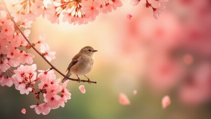 A small bird with brown and white feathers perches on a branch of cherry blossoms. The delicate pink flowers contrast with the soft pastel background, creating a tranquil 