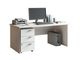 Modern office desk setup with computer, printer, and filing cabinet