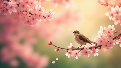 A small bird with brown and white feathers perches on a branch of cherry blossoms. The delicate pink flowers contrast with the soft pastel background, creating a tranquil 