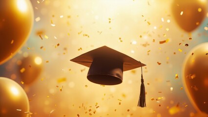 A graduation cap floats in the air, surrounded by golden confetti and balloons. The warm, golden background enhances the celebratory atmosphere, symbolizing achievement and success.