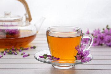 Mallow herb (Malva Vulgaris) mallow flower tea in cup.