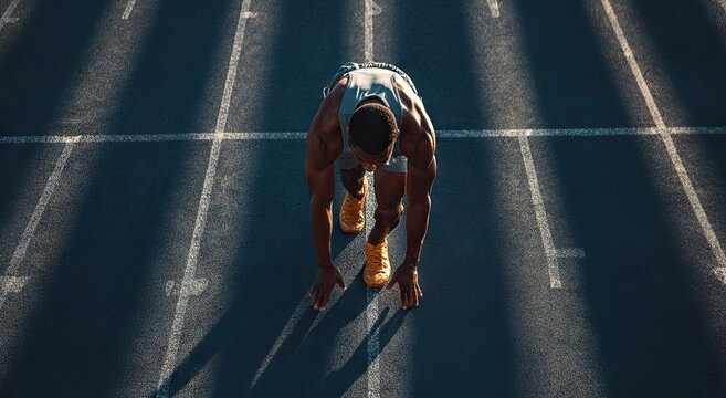 A muscular athlete in a low starting position on a running track, sunlight casting long shadows, poised for a sprint