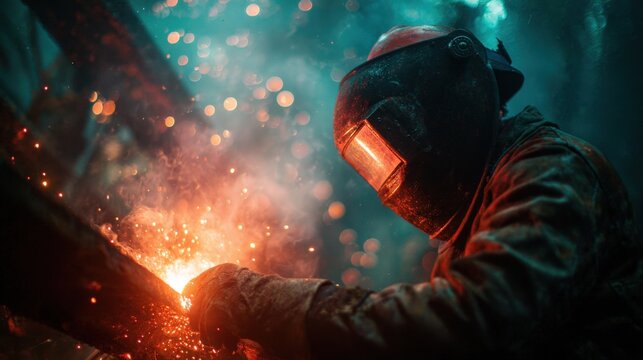 Underwater welder connecting steel beams with sparks and bubbles, oceanic lighting and dark aquatic atmosphere with copyspace