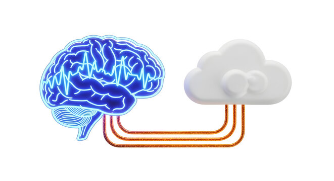 Abstract Concept of Cloud Computing Powered by Artificial Intelligence, Visual Metaphor Connecting the Human Brain to the Cloud, Depiction of Brain-Cloud Interface Technology