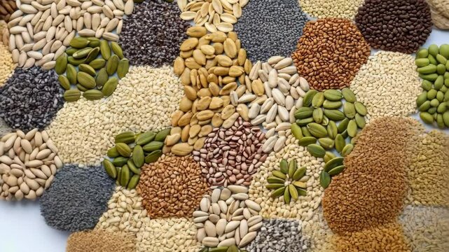 Variety of healthy seeds: sunflower, pumpkin, flax, peanut and beans. Healthy eating, organic agriculture, and nutritious snacks concepts.