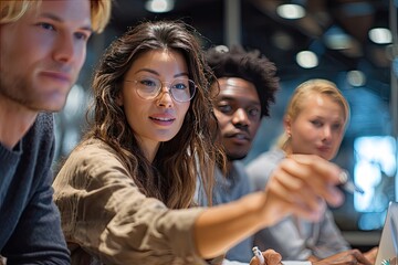 A diverse group of young professionals collaborates intently, one woman leading the discussion, pointing towards a screen