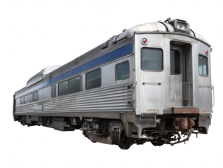 A silver commuter train with blue accents on a white background