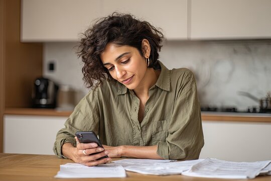 A young woman with curly brown hair sits at a kitchen table, attentively looking at her phone while papers are spread on the table before her. She appears focused